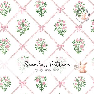 May include: Seamless pattern design featuring pink roses, green leaves, and pink bows on a white background. The design includes a lattice pattern with the text "Seamless Pattern" and "by Digi Bunny Studio".