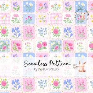 May include: A seamless pattern featuring watercolor illustrations of various flowers, including roses and wildflowers, arranged in a grid. The design incorporates pink, blue, and yellow squares with gold dot accents. Text reads "Seamless Pattern by Digi Bunny Studio."