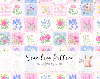 Pastel Floral Patchwork Seamless Pattern, Botanical Ditsy Flowers Preppy  (PNG)