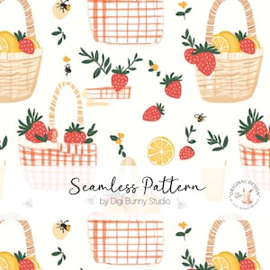Modèle sans couture de fraises et de citrons, modèle sans couture de printemps, modèle sans couture de corbeille de fruits de pique-nique d'été, papier numérique, modèle de tissu