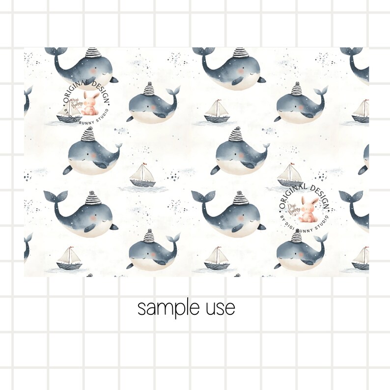 May include: A seamless pattern featuring blue whales wearing sailor hats and small sailboats on a white background with a subtle speckled texture. The text "Original Design by Digi Bunny Studio" appears in the pattern.