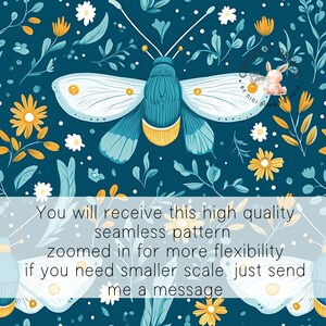 May include: A seamless pattern featuring a teal blue moth with yellow accents on a dark teal background. The pattern is filled with white and yellow flowers and green leaves.