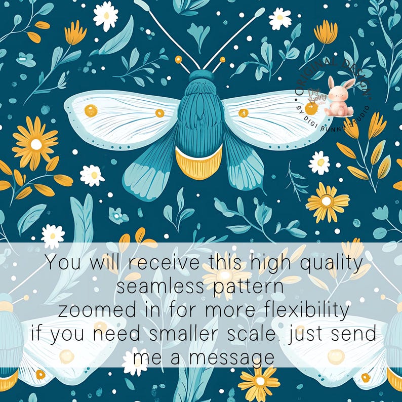 May include: A seamless pattern featuring a teal blue moth with yellow accents on a dark teal background. The pattern is filled with white and yellow flowers and green leaves.