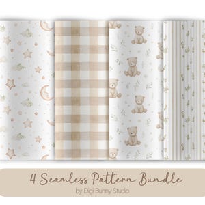 Puede incluir: Cuatro diseños de patrones sin costuras en tonos neutros suaves. Los patrones incluyen estrellas, lunas, osos de peluche, cuadros vichy y rayas. El texto "4 Seamless Pattern Bundle" se muestra en una pancarta beige.