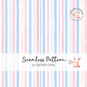 May include: Seamless pattern design featuring vertical stripes in soft watercolor shades of pink and blue. The design includes the text "Seamless Pattern" and the Digi Bunny Studio logo.