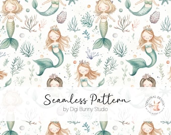 Mermaid Seamless Pattern, Under The Sea Fabric (PNG Digital Download