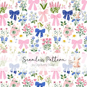 May include: A seamless pattern featuring pink and blue bows, along with various flowers and foliage, on a white background. The design includes text that reads "Seamless Pattern" and "by Digi Bunny Studio".