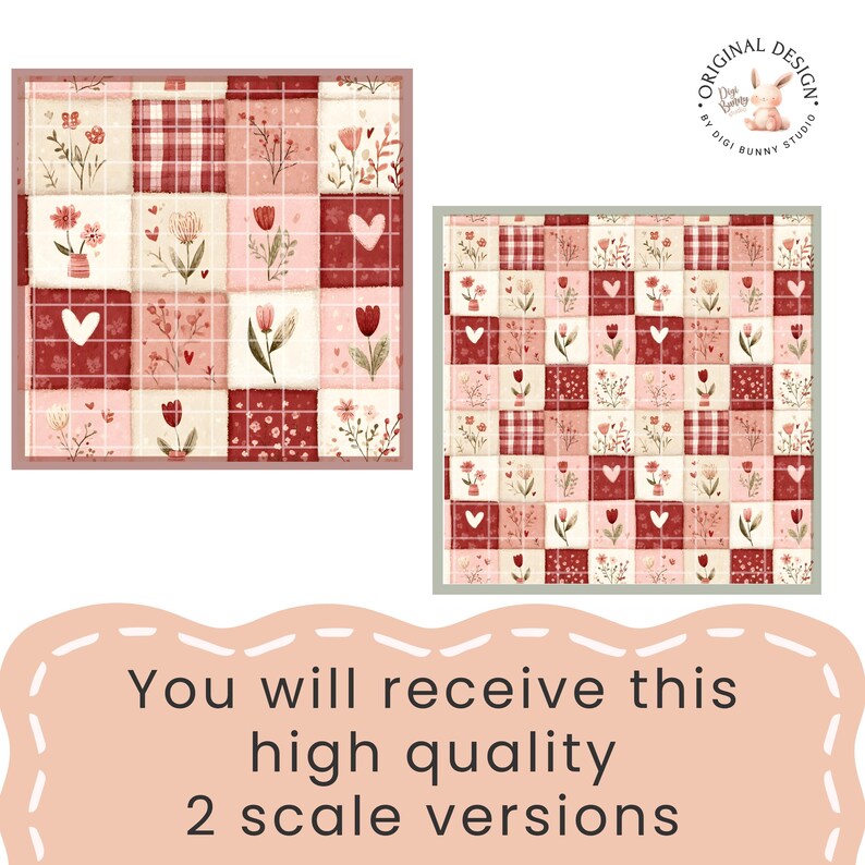 Peut inclure: Deux motifs carr&eacute;s avec des motifs floraux et en forme de c&oelig;ur dans les tons de rouge, rose et cr&egrave;me. Les motifs pr&eacute;sentent un style patchwork avec diverses illustrations florales et motifs de c&oelig;ur. Le texte dit : "You will receive this high quality 2 scale versions."