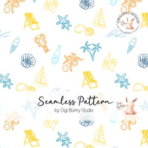 La Dolce Vita Seamless Pattern PNG Minimalist Doodle Italian Summer Hand-Drawn Beachside Pattern Summer Seaside Yellow Blue Trendy png