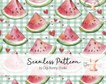Watermelon Slices Seamless Pattern: Green Gingham Picnic Fabric (PNG)
