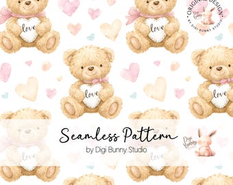 Naadloze Valentijnsteddybeerpatroon | Coquettestof, digitaal papier (PNG)