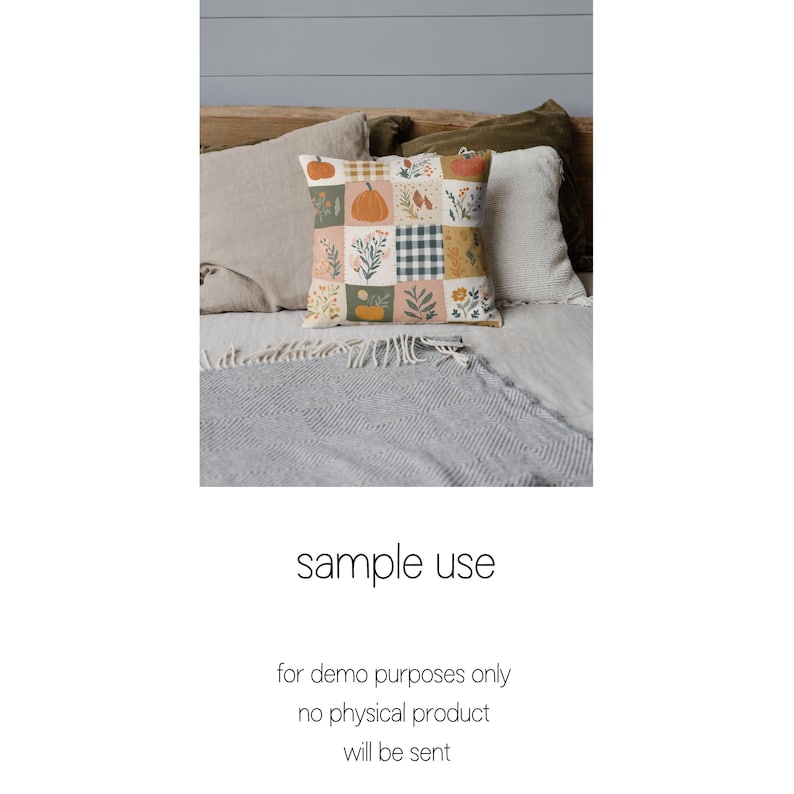 May include: A square throw pillow featuring a patchwork design of various autumn-themed illustrations including pumpkins, wildflowers, and a black and white gingham check pattern in shades of orange, green, cream, and muted brown tones.