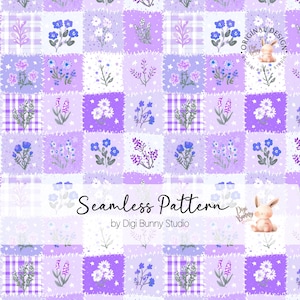 May include: A seamless pattern featuring a patchwork design with lavender, purple, and white floral and plaid squares. The design includes various flower illustrations and the text "Seamless Pattern by Digi Bunny Studio."