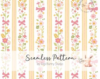 Diseño sin costuras de rayas con lazos florales: Tela y papel pintado Retro Coquette (PNG)