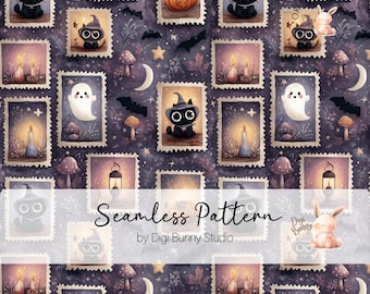 May include: Seamless pattern featuring Halloween-themed postage stamps. The stamps depict a black cat in a witch hat, a pumpkin, a ghost, and a bunny. Other elements include candles, moons, bats, and mushrooms. The text "Seamless Pattern" is displayed.