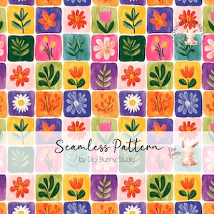 May include: A colorful seamless pattern featuring a grid of square blocks, each with a different floral or botanical design. The flowers and leaves are in shades of orange, pink, purple, and green. The text "Seamless Pattern" is displayed in the center.