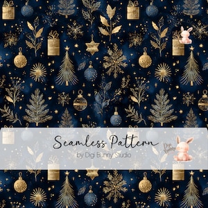 Könnte beinhalten: Nahtloses Muster mit dunkelblauem Hintergrund mit goldenen Weihnachtsschmuck, Geschenkboxen, Schneeflocken und stilisierten Bäumen. Der Text "Seamless Pattern" ist in Weiß gehalten, zusammen mit dem Text "by Digi Bunny Studio". Ein kleines rosa Kaninchen ist ebenfalls vorhanden.