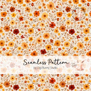 May include: A seamless pattern featuring watercolor flowers in shades of orange, yellow, and red on a cream background. The design includes various sizes of flowers and foliage. The text "Seamless Pattern" is displayed across the image.