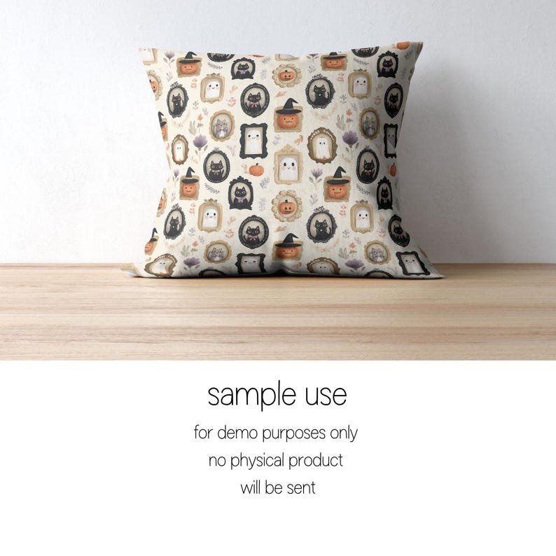 May include: A decorative pillow with a Halloween-themed pattern. The design features framed illustrations of black cats, pumpkins, and ghosts. The pillow is beige with a repeating pattern of the Halloween images. The text on the image says "sample use for demo purposes only no physical product will be sent."