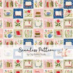 May include: A repeating seamless pattern with squares containing illustrations of books, flowers, and teacups. The design includes open books, stacks of books, and floral arrangements. The text "Seamless Pattern" is displayed in the center.