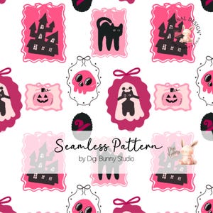 Modèle sans couture d'Halloween noir et rose cadre mignon chat fantôme Coquette motif de tissu pour enfants Halloween rose noeuds motif de répétition numérique png thumbnail