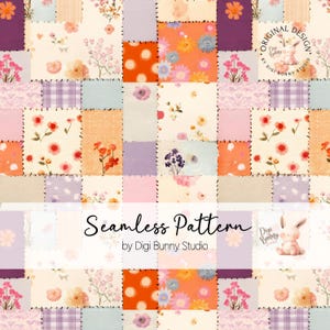 May include: A seamless pattern design with a patchwork of floral and polka dot squares in pastel shades. The design incorporates flowers, dots, and plaid patterns. The text "Seamless Pattern" and "by Digi Bunny Studio" are also included.