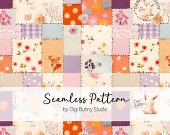 Autumn Floral Patchwork Seamless Pattern, Fall Colors (PNG)