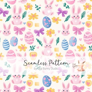 May include: A seamless pattern featuring pink bunnies, colorful Easter eggs, yellow flowers, and pink bows on a white background. The text "Seamless Pattern by Digi Bunny Studio" is at the bottom of the image.