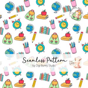 May include: A seamless pattern featuring a variety of school-themed illustrations, including a globe, books, pencils, a backpack, an apple, and an alarm clock. The pattern is in a bright and colourful style, perfect for use in classroom decor, fabric, or paper goods.
