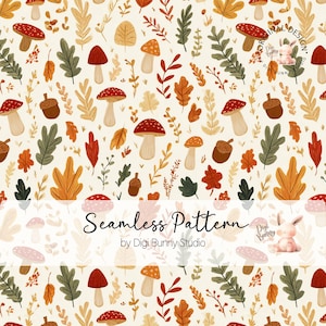 Peut inclure: Motif sans couture avec des éléments d'automne. Le motif présente des champignons à chapeau rouge, des glands et diverses feuilles aux tons orange, vert et marron, sur fond crème. Le texte "Seamless Pattern" est affiché.