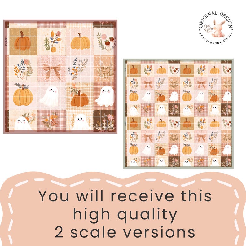 May include: A digital pattern featuring a grid of squares with illustrations of orange pumpkins, white ghosts, bows, and floral sprigs in muted autumn tones. The design includes two scale variations and a logo reading Original Design by Digi Bunny Studio.
