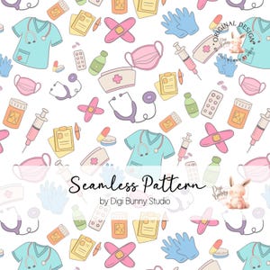 Nurse Seamless Pattern, Hand gezeichnet, Med Tech, Ärzte, Medizinisches Personal, Stoffmuster, Niedliche Krankenschwestern, Wiederholungsmuster, Pastellfarben, Krankenhaus Png