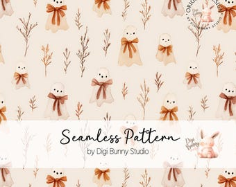 Boho Ghost Halloween Seamless Pattern Autumn Coquette Fall Flowers ...