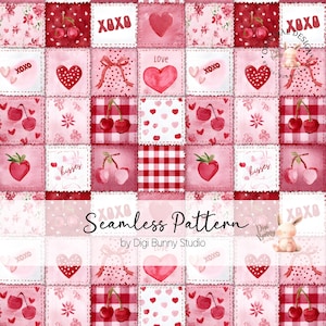 Op de afbeelding: Een naadloos patroon met een patchwork-ontwerp in rood en roze. De vierkanten bevatten harten, kersen, strikken en de tekst "XOXO" en "kisses". De woorden "Love" en "Seamless Pattern" zijn ook zichtbaar. Een klein konijn staat in de hoek.