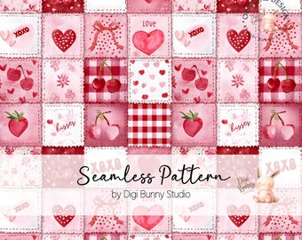Valentines Patchwork Seamless Pattern PNG | Red Pink Hearts Coquette Digital Paper | Cute Fabric Repeat Pattern PNG
