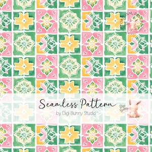 Modèle sans couture de carreaux méditerranéens pastel PNG | Papier numérique d'été italo-marocain | Tissu côte amalfitaine design rose vert jaune 2