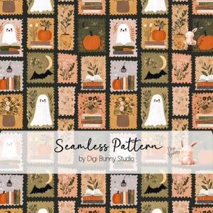 May include: A seamless pattern featuring rectangular postage stamp motifs on a dark background. The designs include white ghosts reading books, orange pumpkins, potted plants, crescent moons, bats, and floral arrangements in muted autumn tones.
