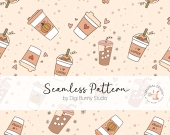 Könnte beinhalten: Ein nahtloses Muster mit verschiedenen Kaffeetassen und Eiskaffeegetränken in Braun- und Beigetönen, mit Herzen und floralen Akzenten. Der Text "Seamless Pattern" und "by Digi Bunny Studio" sind ebenfalls vorhanden.