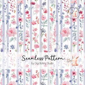 Aquarell Ditsy Blumen und Lila Streifen Nahtloses Muster Frühling Floral Stoff Muster Zierliche Kleine Blumen Rapportmuster Niedlich Png
