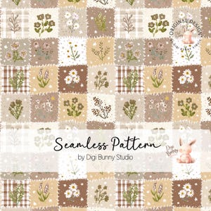 May include: A seamless pattern featuring a patchwork design with floral and plaid squares in shades of brown, beige, and white. The design includes daisies, sprigs, and other botanical elements. The text "Seamless Pattern" is displayed.