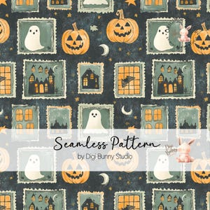 Könnte beinhalten: Nahtloses Halloween-Muster mit Kürbissen, Geistern, Spukhäusern und Fledermäusen in Briefmarkenrahmen. Das Design umfasst Monde und Sterne auf einem dunkelblauen Hintergrund. Der Text "Seamless Pattern" ist zu sehen.
