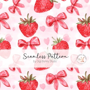 Modello senza cuciture con fragole e fiocchi Coquette, Primavera senza cuciture, Modello senza cuciture in tessuto con fragole di San Valentino PNG, Modello di frutta alla moda PNG