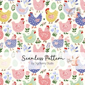Könnte beinhalten: Nahtloses Muster mit bunten Hühnern in Rosa, Gelb, Blau und Grün, mit roten Kämmen. Das Design umfasst florale und Eier-Akzente auf cremefarbenem Hintergrund. Der Text lautet "Seamless Pattern".