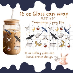 Books and Dragons 16oz Glass Can Wrap PNG | Bookish Libbey Glass Wrap | Transparent Tumbler Design for Fantasy Book Lovers & Bookworms