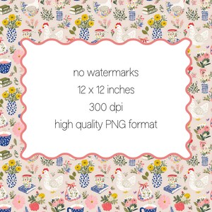 May include: A repeating pattern with illustrations of chickens, vases of flowers, books, and teacups on a light beige background. The text in the center reads "no watermarks, 30.5 x 30.5 cm, 300 dpi, high quality PNG format."