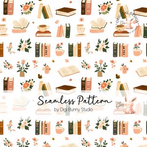Op de afbeelding: Een naadloos patroon met illustraties van boeken, bloemen en theekopjes in een herhalend ontwerp. Het kleurenpalet omvat tinten bruin, roze, groen en wit. De tekst "Seamless Pattern" en "by Digi Bunny Studio" zijn ook opgenomen.