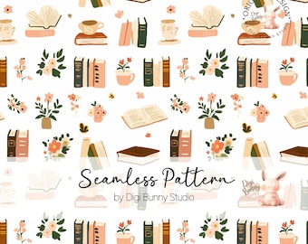 Bücher, Kaffee, Tee & Blumen Muster (PNG Digital Download)