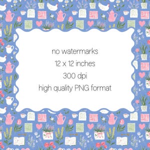 Pode incluir: Ilustra&ccedil;&atilde;o caprichosa com fundo azul claro, apresentando um padr&atilde;o repetido de bules, x&iacute;caras de ch&aacute;, galinhas e arranjos florais. A imagem tem 30,48 x 30,48 cm e inclui o texto "no watermarks", "300 dpi" e "high quality PNG format".