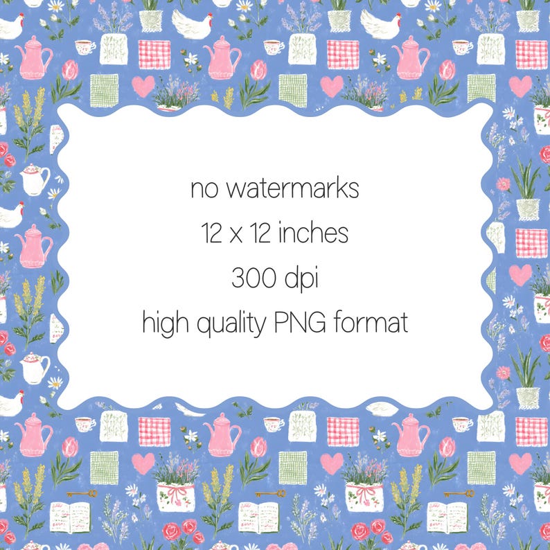 Pode incluir: Ilustra&ccedil;&atilde;o caprichosa com fundo azul claro, apresentando um padr&atilde;o repetido de bules, x&iacute;caras de ch&aacute;, galinhas e arranjos florais. A imagem tem 30,48 x 30,48 cm e inclui o texto "no watermarks", "300 dpi" e "high quality PNG format".