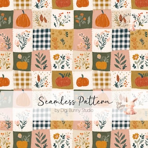 May include: A seamless pattern featuring a grid of squares with illustrations of orange pumpkins, autumn leaves, floral sprigs, and black and white buffalo check prints. The text Seamless Pattern by Digi Bunny Studio is centred.